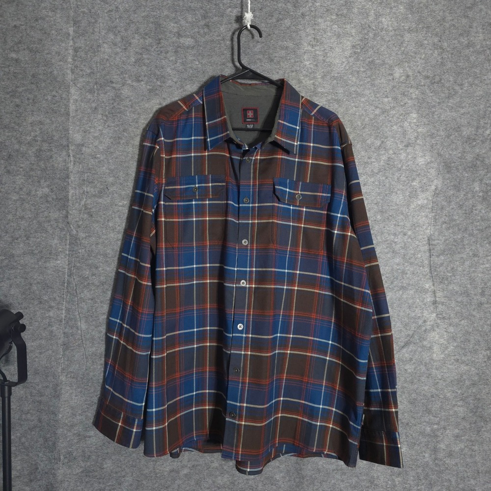 Swiss Tech Button Down Shirt Mens 2XL Blue Marine Ocean Plaid Stretch SM47Y118B
